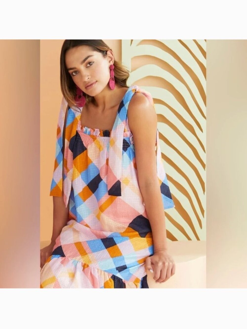 Marie Oliver Maya Colorful Plaid Silk Blend Tie Shoulder Midi Dress size M